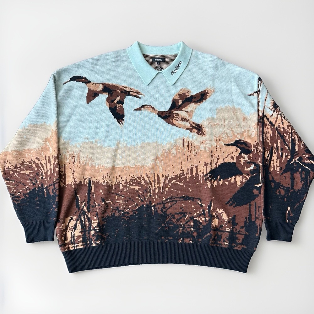 Malbon Golf x 100 Thieves Duck Camo Knit Polo Sweater Men XL Buckshot Fleece AOP